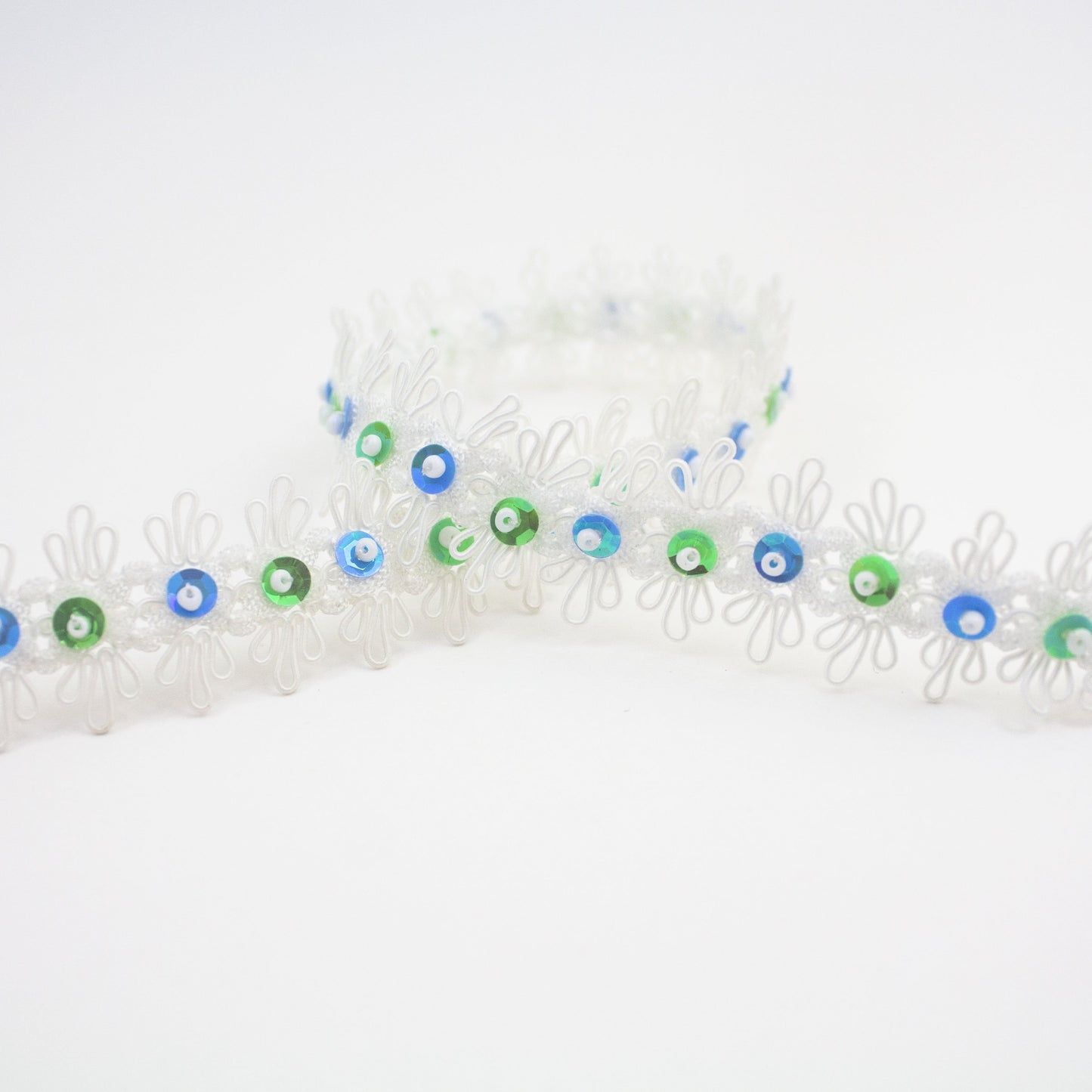 Blue and Green Sequined Beaded White Lace Trim