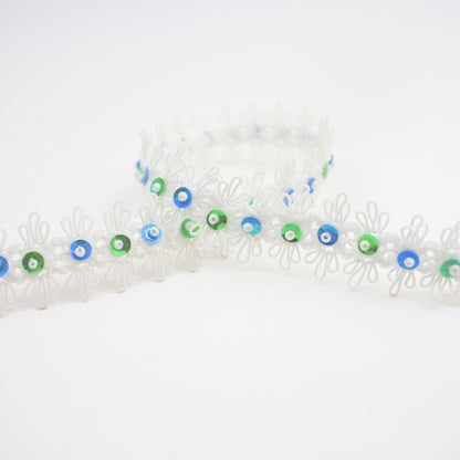 Blue and Green Sequined Beaded White Lace Trim